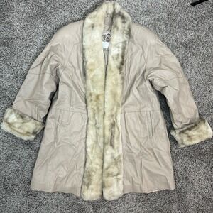 Vintage Y2K Laura Winston Penny Lane Leather Faux‎ Fur Coat Cream Beige Medium